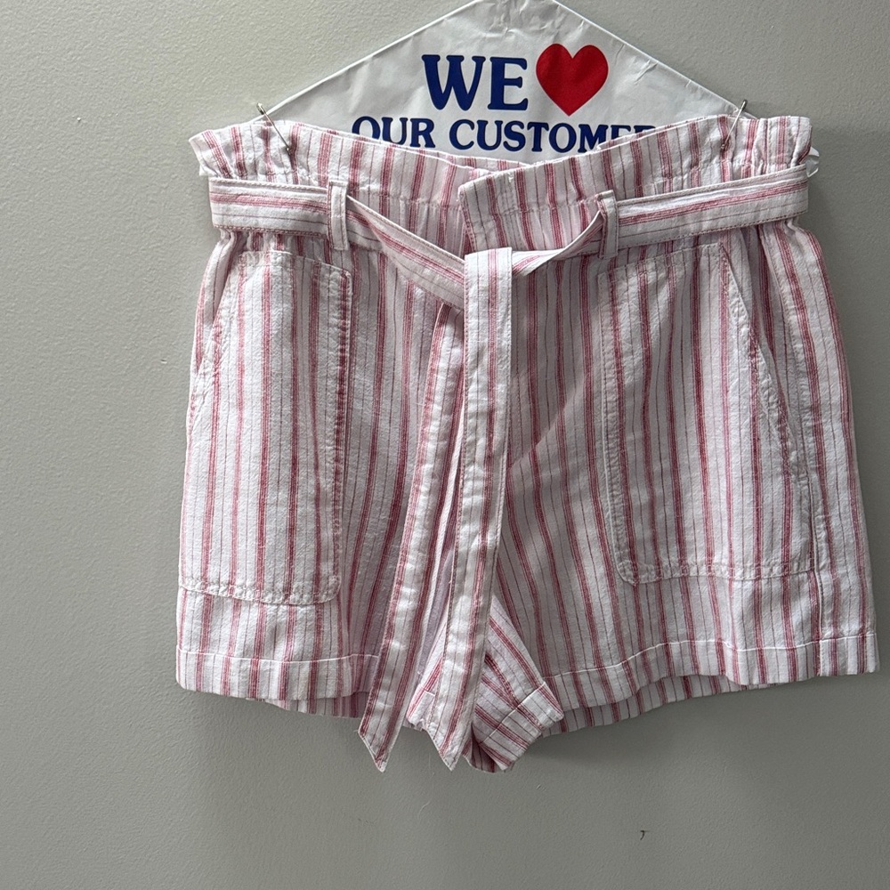 LOFT Linen Pink and White Striped High-Waisted Paper Bag Shorts Size M